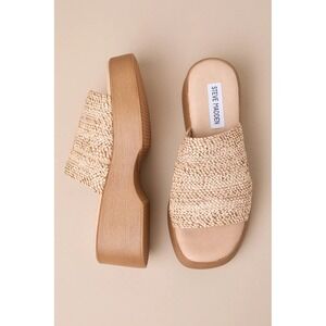 Steve Madden Slinky Platform Slide Sandals Natural Woven Tan Raffia 10 Summer